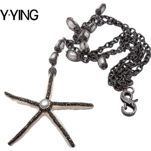 Y·YING 2 rows White Pearl Gunmetal color sweater Chain Necklace White Pencil Finger Starfish Pendant necklace