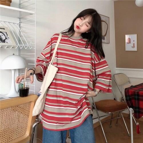 Japan Rainbow Red Stripe Sweet Bottoming Shirt Women Long-Sleeved T-Shirt Kawaii Clothes Harajuku Couple Clothes Punk Kpop Tops