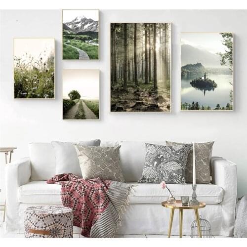 Green Plant Flower Forest Lake Mountain Wall Art Canvas Painting Nordic Posters Landscape Poster Wall Art For Living Room Decor