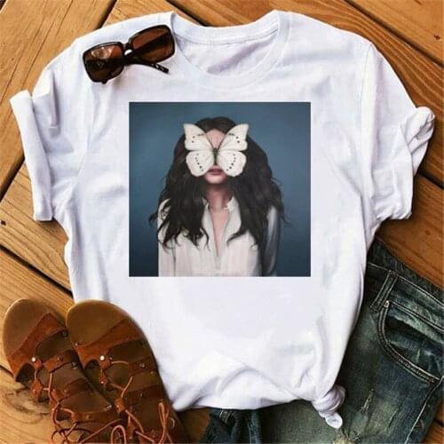 New Women Tshirts Fashion Short Sleeve TShirt Butterfly Feather Surreal Artwork Printed Tops Casual O Neck T-Shirt Femme