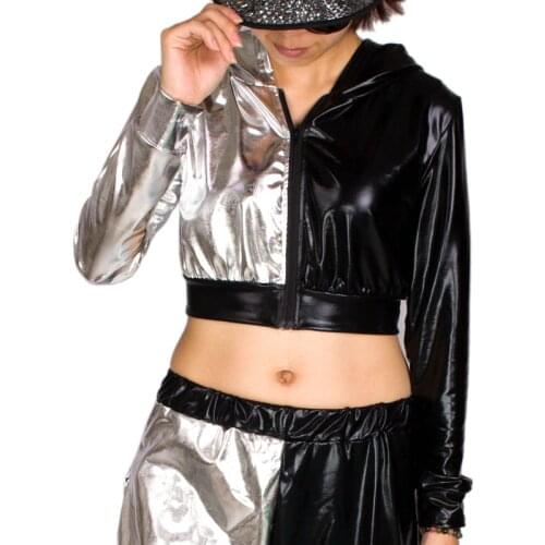 Heroprose Brand Fashion Women Black Silver short Tops Clothing Jazz Hip Hop Dance Performance Dancer Withi a hood Coat Jacket