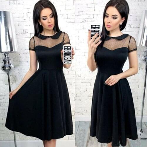 New Vintage Women Peter Pan Neck Mesh Splicing Dot Print A Line Skater Midi Dress Retro Summer Short Sleeves Party Dress