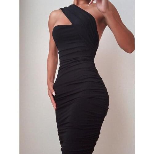 Women Sexy One Shoulder Sleeveless Ruched Bodycon Sexy Dress Christmas Dress