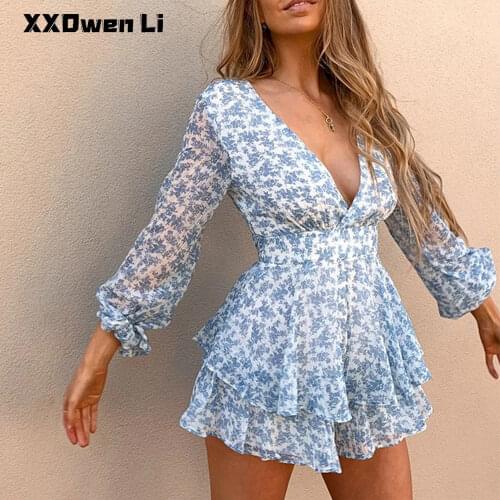 Floral Print Sexy Deep V-Neck Mini Dresses For Women 2021 Autumn Chiffon Ruffled Long-Sleeved Short Dress Party Boho Robe Femme