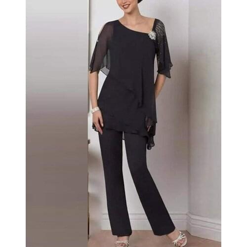 2020 New Formal Evening Dress Women Chiffon Tiered Crystals Mother of the Bride Dress Pant Suits with Short Sleeves 2 Two Pieces