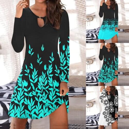 2021 Womens Fashion Sexy Vintage O-Neck Long Sleeve Printed Round Button Dresses vestido de mujer winter dress платья