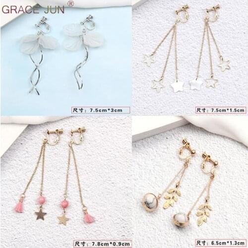 GRACE JUN Long Tassel Rhinestone Shell Stone Material Clip on Earrings No Pierced for Women Heart Flower Star Geometric Ear Clip