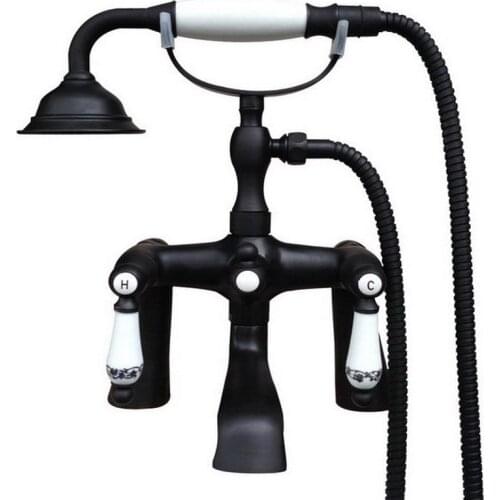 Black Oil Rubbed Bronze Bath Clawfoot Tub Mixer Tap Faucet Hand Shower Double Ceramic Handles Deck Mounted mtf506
