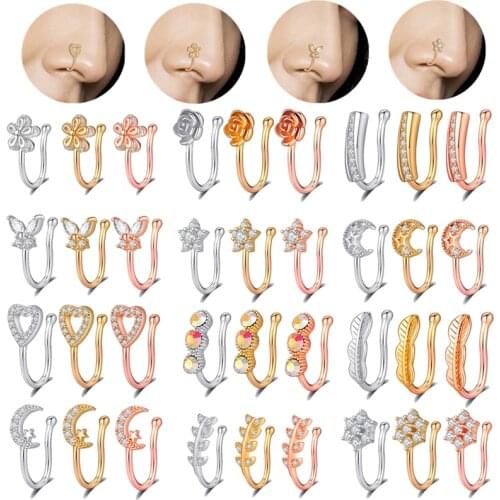 1Pcs Stainless Steel Flowers Fake Piercing Nose Ring Clips Heart Non Piercing Ring Faux Nostril Cuff Ear Clip Cuff Body Jewelry