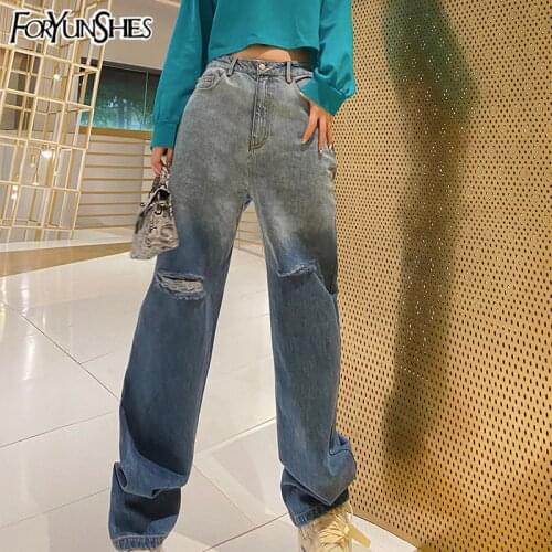 FORYUNSHES Women High Waist Loose Ripped Jeans 2020 Fashion Casual Straight Pants Mom Jeans Washed Boyfriend Denim Trousers