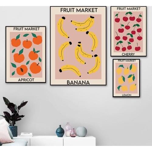 Fruit Market Canvas Painting Banana Cherry Apricot Lemon Posters and Prints Home Kitchen Dining Room Wall Art Decoration Picture