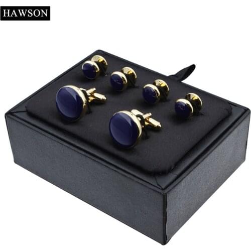 HAWSON 2021 Classical Cufflinks Studs Set fashion jewelry Plated Blue Enamel cuff links men for Tuxedo Shirt with Box