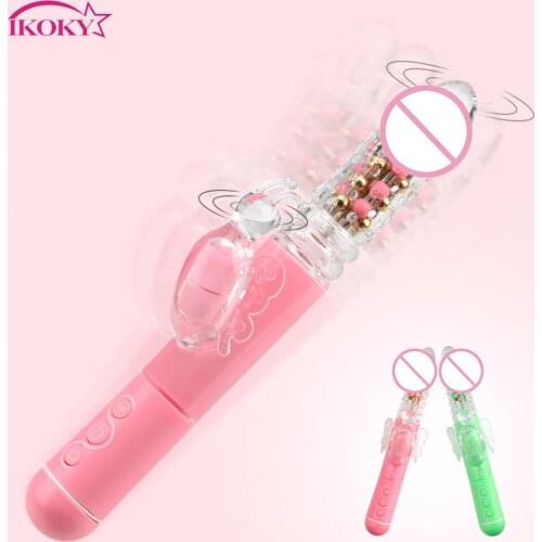 IKOKY Dildo Butterfly Vibrator Female Masturbator Telescopic Rotating Bead Rods Dual Vibration G Spot Wand Sex Toys for Women