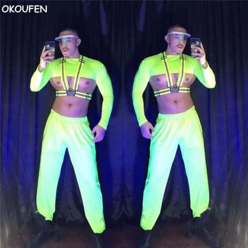 Bar Male singer DS hip-hop Jazz Dance Fluorescent Green Suit stage performance wear Nightclub gogo costumes