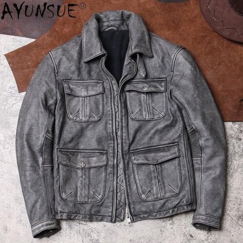 AYUNSUE Vintage Genuine Leather Jacket Men 100% Real Cowhide Coat Spring Autumn Biker Motorcycle Mens Jackets Veste Homme 2021