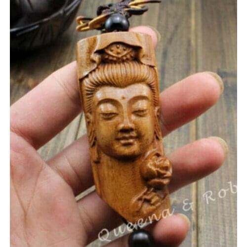Copper Statue Chinese Knot Wood Carving Guan Kwan Yin Head Buddha Statue Car Pendant Amulet