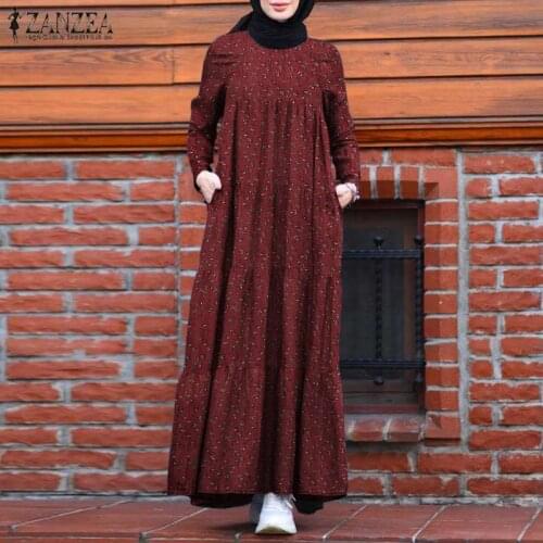 Fashion Retro Floral Print Muslim Dress Sarafans 2021 Autumn Dubai Abaya Long Kaftan ZANZEA Casual Cotton Linen Ruffle Dresses