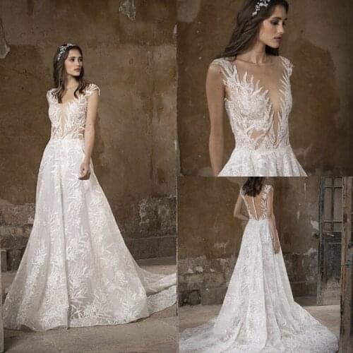Fashion Wedding Dresses Full Lace Appliques Bridal Gowns Custom Made Button Back Sweep Train A Line Wedding Dress