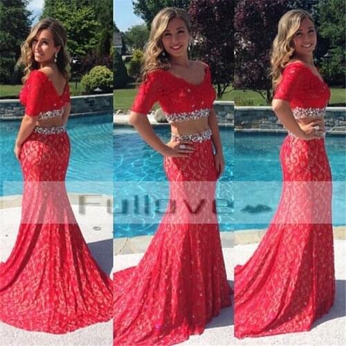 Fashion Red Lace Party Dress Long 2019 Half Sleeve Beaded Crystal 2 Pieces Prom Dresses Sweep Train Formal Gown Vestido De Baile