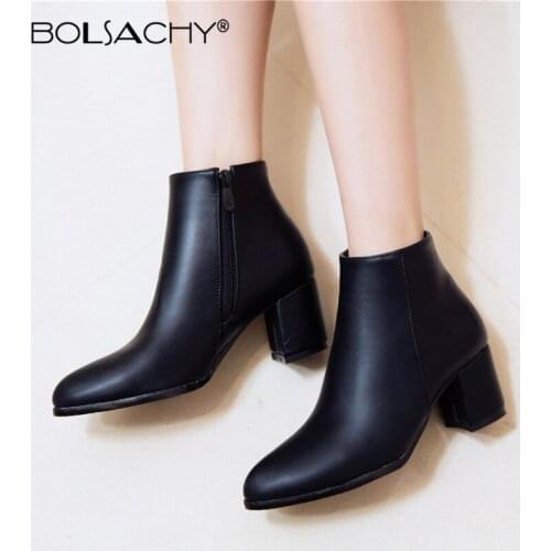 Fashion Autumn Winter Women Boots Side Zipper Comfortable mid High Heels Shoes Woman Pointed Toe Ankle Boots Zapatos Mujer 33-43