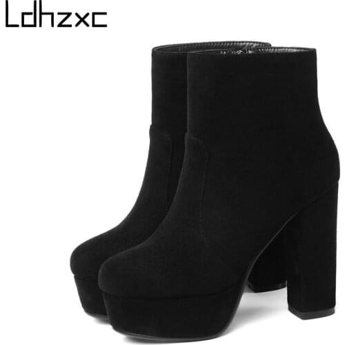 LDHZXC Fashion Women Winter Boots Concise Side Zipper Suede Leather Shoes Woman Platform Wedding Round Toe High Heels Boots