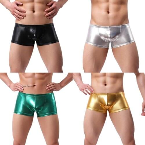 Men Sexy Low Waist Boxer Briefs Liquid Metallic Faux Patent Leather Swim Trunks Shiny Solid Color Wetlook Underwear
