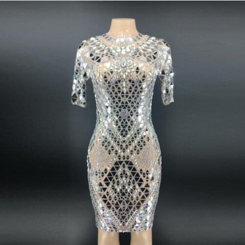 New Sparkly Silver Mirrors Mesh Transparent Sexy Dress Women Birthday Party Celebrate Crystals Dress Evening Sexy Dance Costume