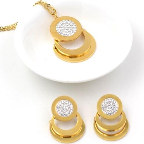 Wholesale drop shipping charm Necklace earing Gold Stainless Steel Party Gift, rhineston circle Necklace Set for wedding bithday