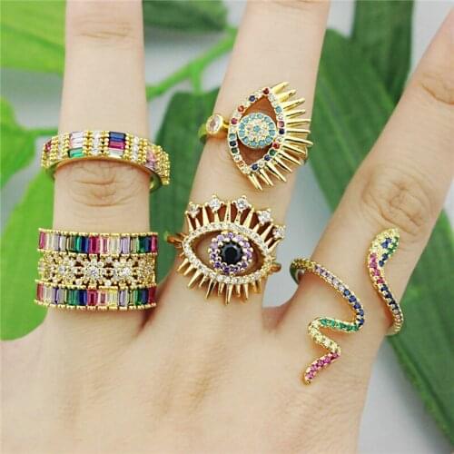 Adjustable 10pcs/lot Rainbow cz micro pave charm ring,delicate colorful zircon inlay ring,snake/eye design cz jewelry