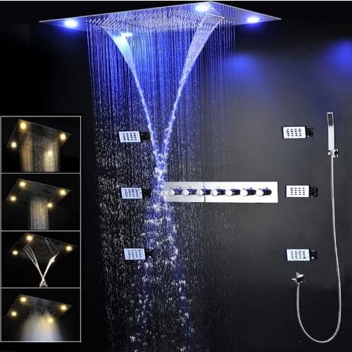 Luxury Thermostatic Shower Faucets Set Bathroom Large LED Ceiling Shower System 600*800MM Mist Rain Shower Head Massage Body jet