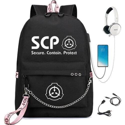 SCP Backpack Secure Contain Protect Backpack For students Canvas USB Schoolbag Fashion Teenagers Chain Travel Mochilas