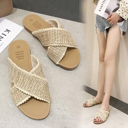 Summer Men/Women Slippers Bohemia Beach Ladies Home Shoes Flax Straw Slippers Big Size Family Thick Soles Non-slip Flat