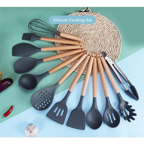 Silicone Wood Turner Food Grade Silicone Kitchenware Household Wooden Beech Handle Cooking Utensils Baking Tools Spoon Non-stick