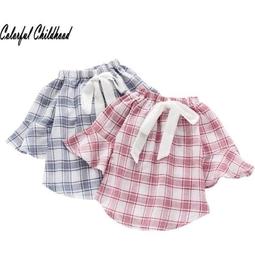 Vintage Big plaid shirt baby girls flare sleeve blouse cotton tops children clothes spring Autumn