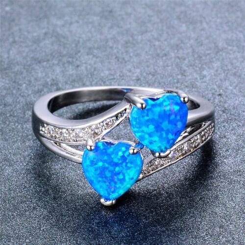 Vintage Female Blue Opal Hollow Ring Dainty Double Heart Wedding Rings For Women Charm Zirconia Stone Engagement Ring