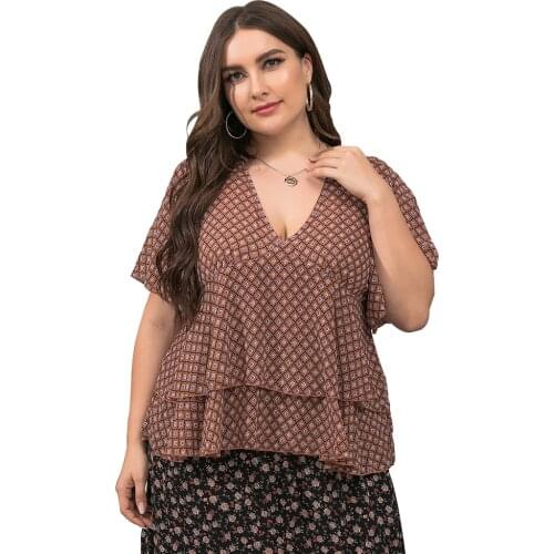 XL To 5XL Plus Size Women Tops Summer Blouses Sexy V-neck Ruffles Loose Chiffon Shirts Casual Outerwear JR0132