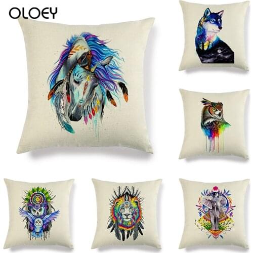 Animal Head Print Cushion Cover Colorful Linen 45x45cm Bedroom Home Office Hotel Car Decoration Pillowcase Cushion Cover 45x45cm
