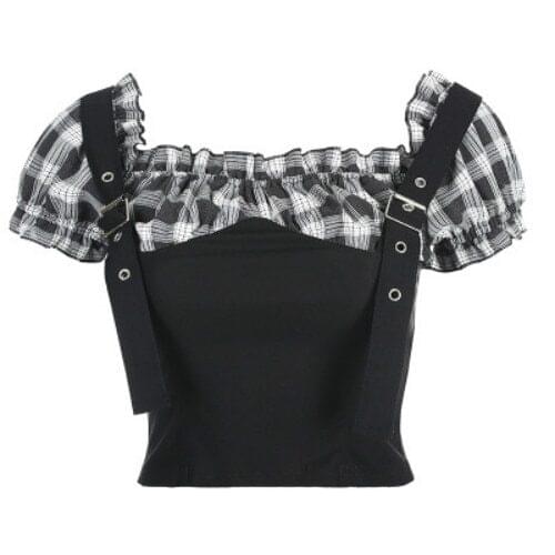 New Summer Women Streetwear Black Metal buckle splicing T-shirts Women Harajuku Punk Gothic Sexy Fashion Cool Girl Top