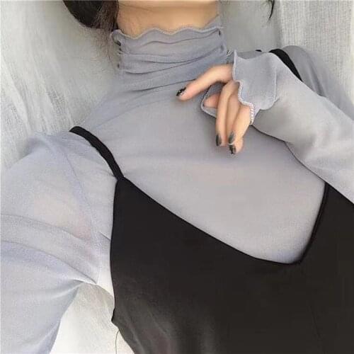 Women Retro T Shirt Sexy See Through Solid Color High Neck Fashion T Shirt Temperament Ladies All Match T Shirt