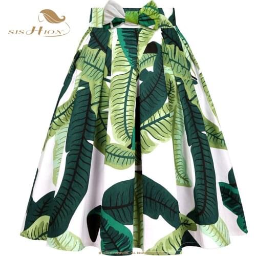 SISHION White and Green Leaves Printed 50s 60s Cotton Vintage Skirt SS0012 Plus Size Women Summer Skirt Skater Jupe Femme