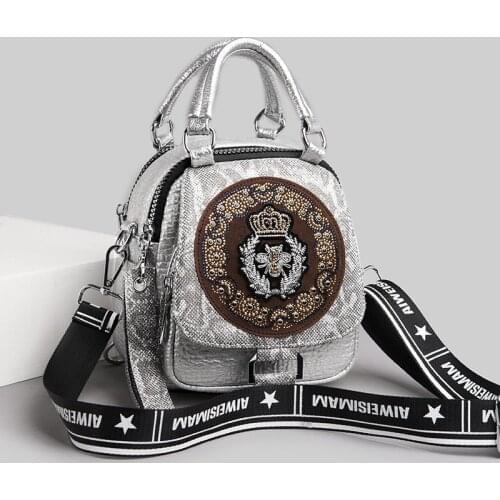 High-quality Hot Diamond Backpack Women 2021 New Three-purpose Small Backpack Super Hot And Bright Leather Embroidery Female Bag