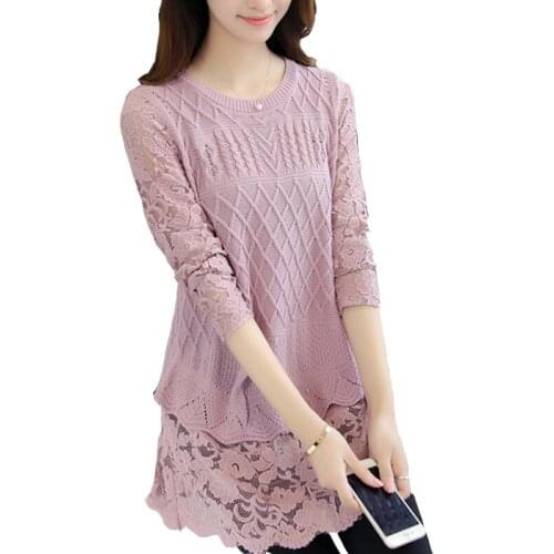 Womens Sweater 2019 Spring Autumn New Style Loose Stitching Casual Fashion Wild Lace Long Sleeve Fake Two-Piece Bottoming Top