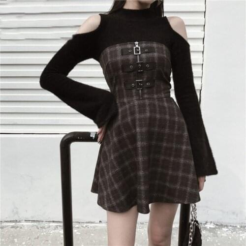 2020 Harajuku Punk Women Black Grey Plaid Mini Dresses Gothic Vestidos Sleeveless Streetwear Girls Sleeveless Hip Hop Jurken