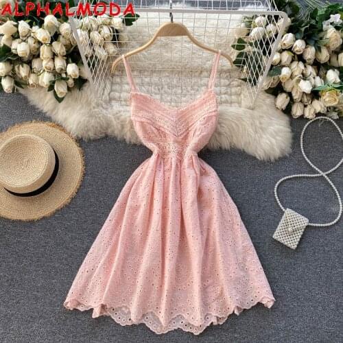 ALPHALMODA 2021 Summer New Sweet Strap Dress Hollow Out Embroidery Waving Backless Women Holiday Beach Dress Chic Fashion Dress
