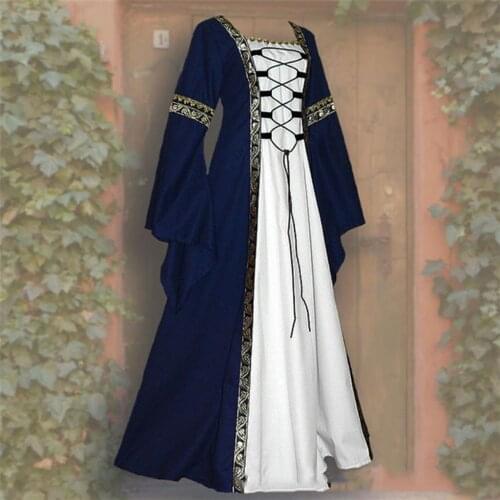 Vintage Celtic Medieval Floor Length Patchwork Women Dress Renaissance Gothic Cosplay Dress Flare Sleeve Party Dress Vestidos