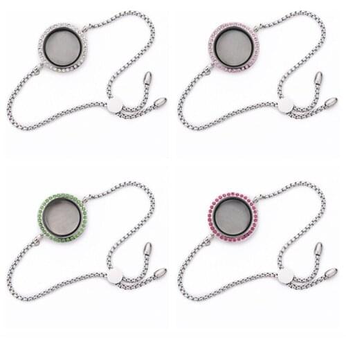 1 Pc Good Quality DIY Rhinestone Magnetic Glass Locket Stainless Steel Bracelet