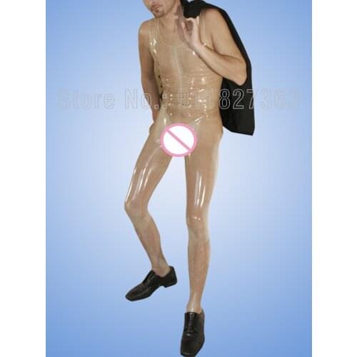 100% Transparent Latex Bodysuit Sleeveless Neck Entry males Rubber no Sleeve Catsuit w/o zipper