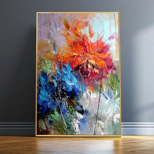 100% Hand Painted Abstract Water colour Blue Orange Flower Oil Painting On Canvas Poster Picture Wall Art Cuadros Home