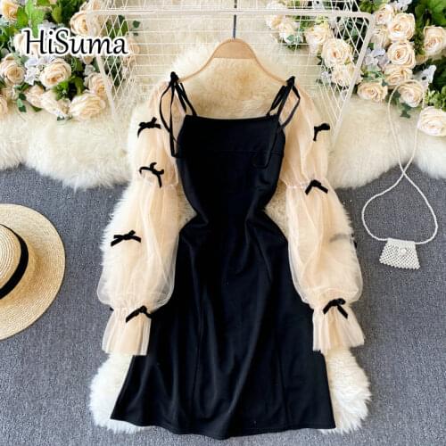 2021 spring summer new women strap slash neck bow gauze puff sleeve A-line dress female Chic elegant waist party dresses