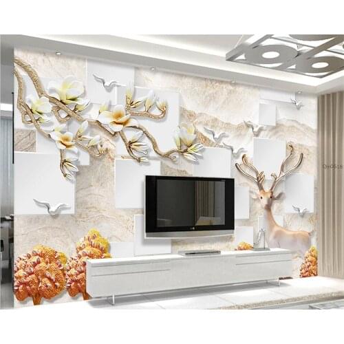 Customized Wallpaper 3D Magnolia Flower Elk Forest Bird Relief Background Wall papel de pared Living Room Hotel Mural wallpapers